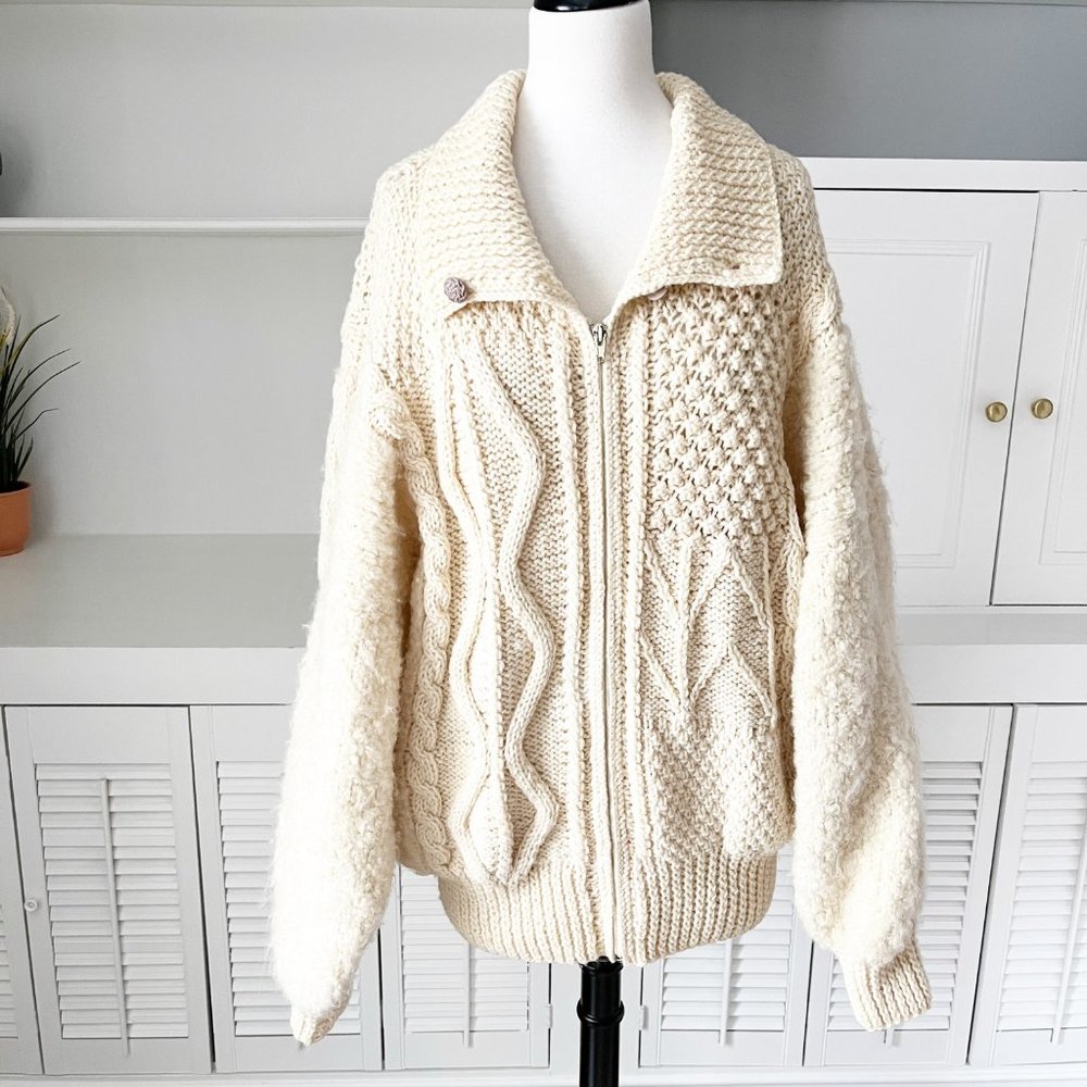 Vintage Avoca Handweavers | Irish Wool Mixed Knit Chunky Cardigan Sweater | XL
